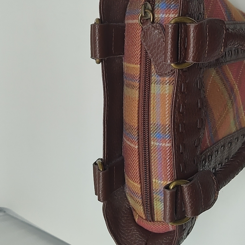 Leather and Fabric Plaid Bucket Bag - Picture 5 of 8